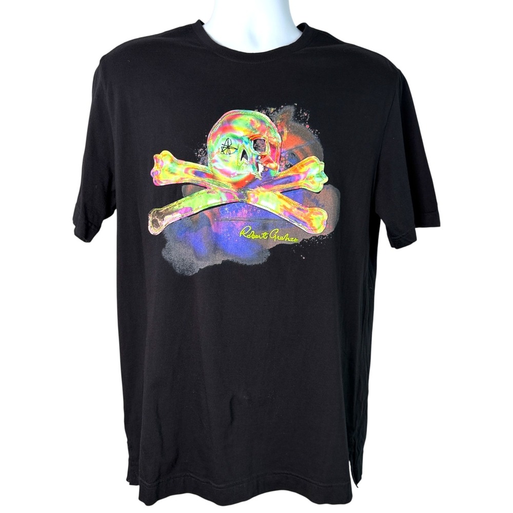 Robert Graham 3D Holographic‎ Skull Crossbones T-Shirt Black Sz L
